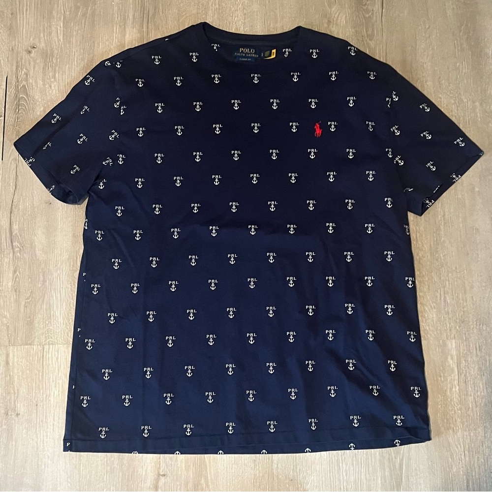 Ralph Lauren Navy Crew Tee with White Anchor Print and Red Pony